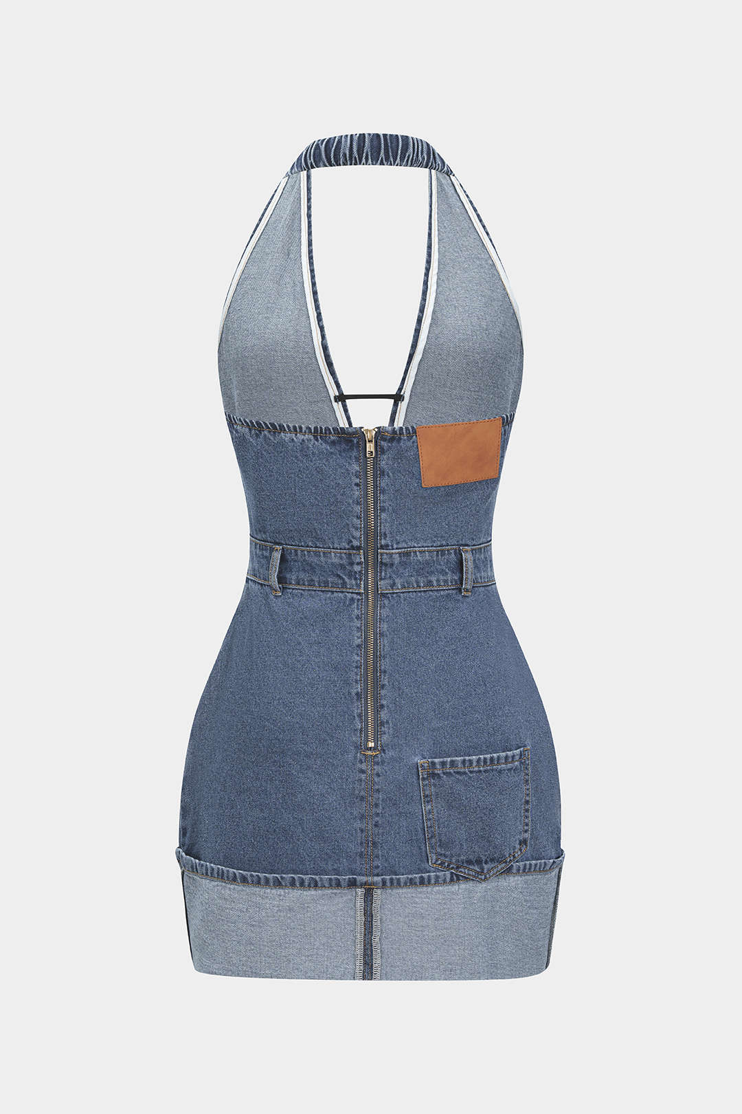 Denim verwassen minijurk met open rug, rits en halternek