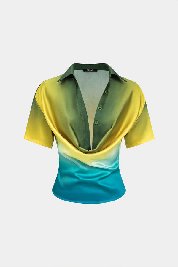 Satijnen blouse met watervalhals en korte mouwen