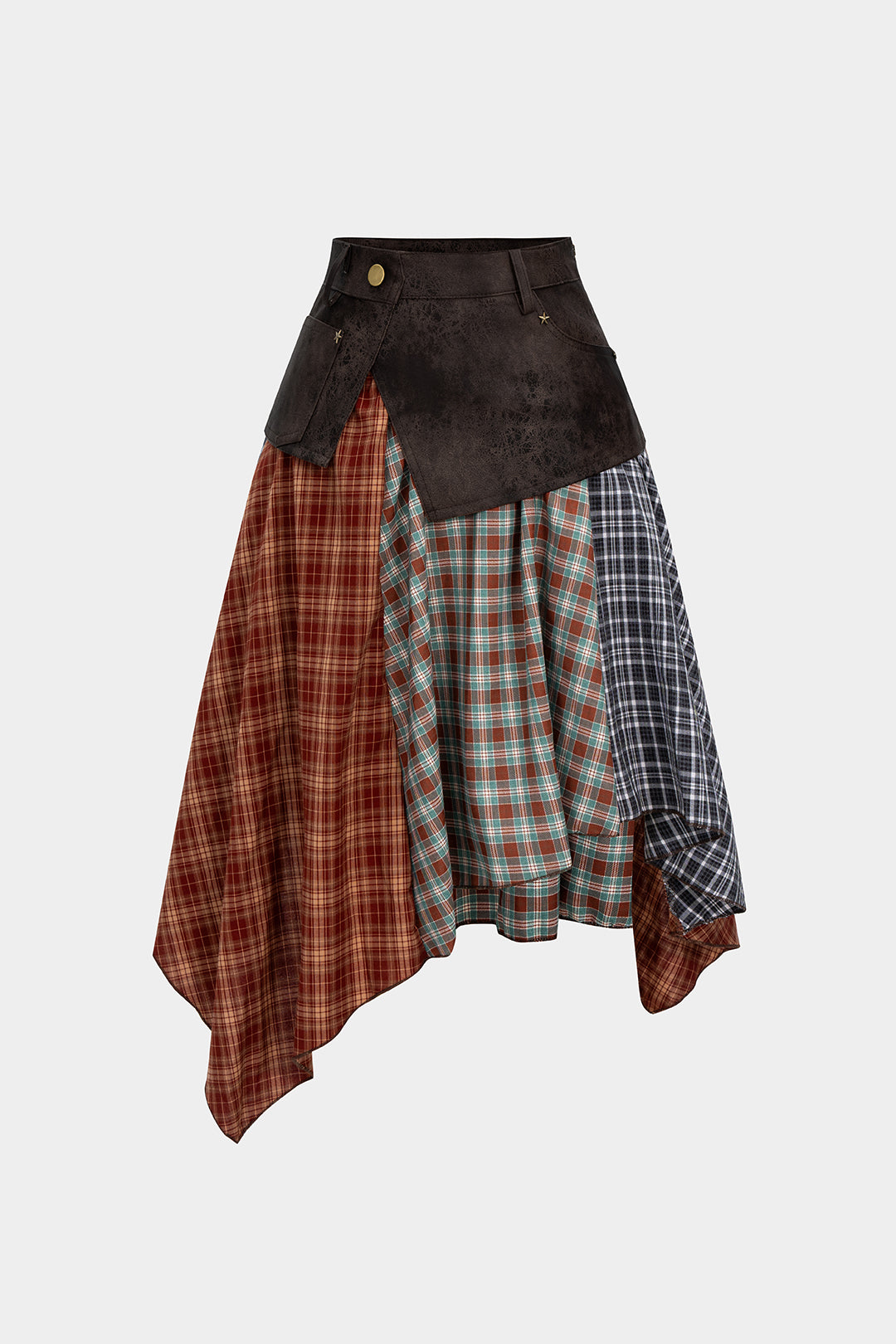 Geruite leren-look rok met asymmetrische zoom