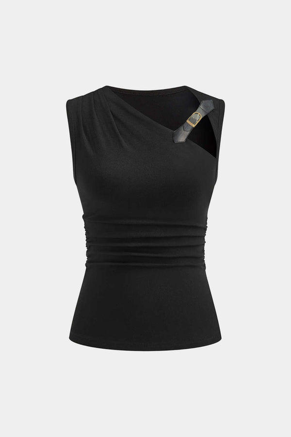 Effen asymmetrische tanktop met ruches en gesp