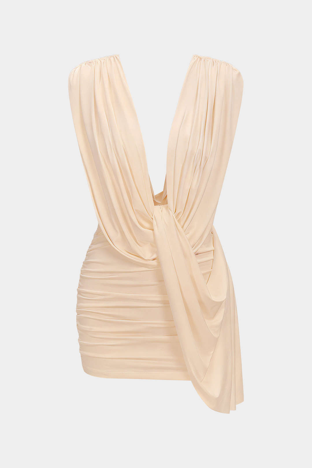 Asymmetrische mouwloze minijurk met ruches en drapering