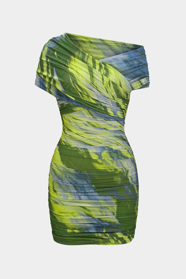 Mesh minijurk met ruches en korte mouwen