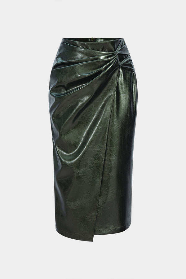 Leren-look asymmetrische rok met hoge taille en ruches