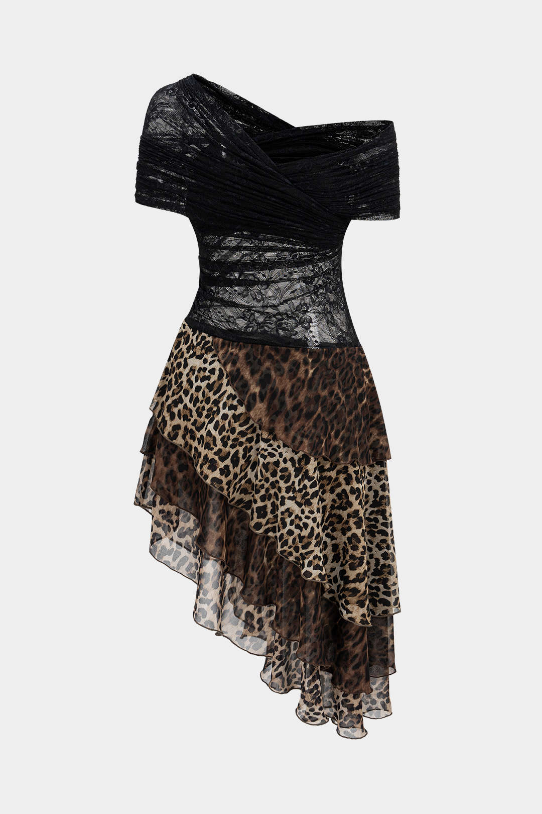 Luipaardprint patchwork minijurk met kant