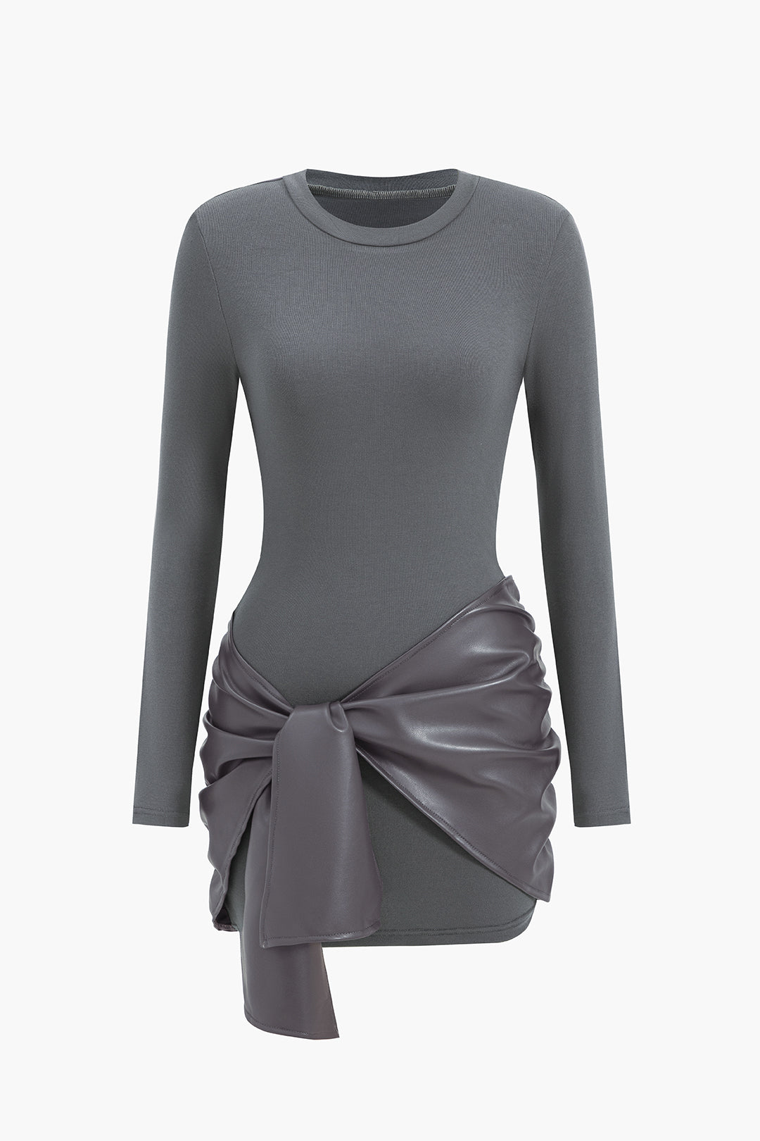 Quinn - Leren-look patchwork minijurk met ronde hals en ruches