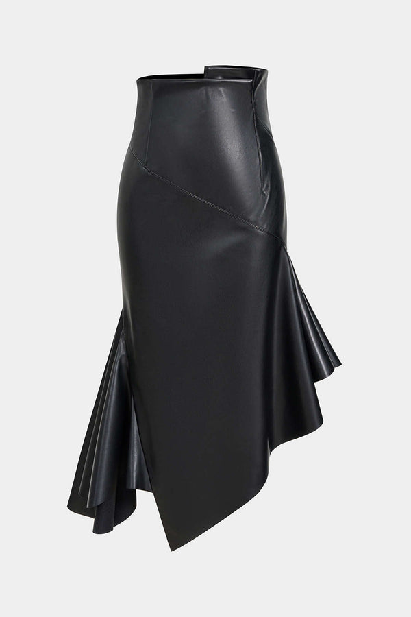 Yasmin - Leren-look asymmetrische rok met ruches