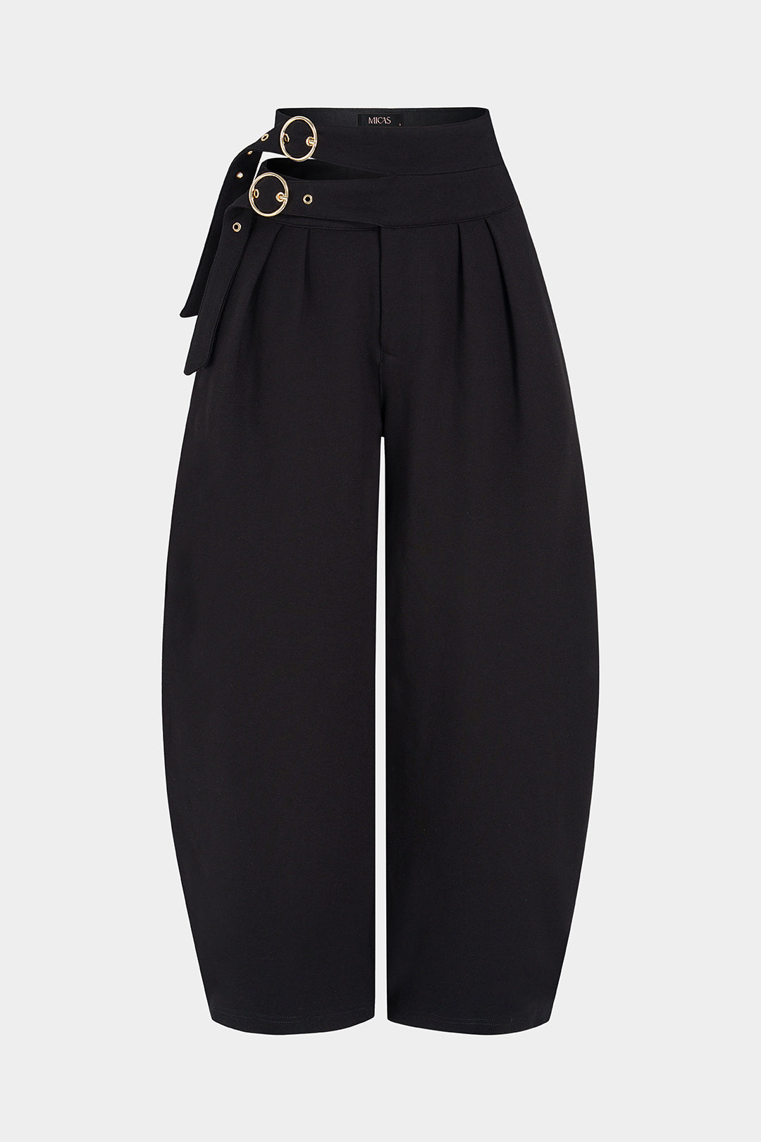 Metallic broek met riem, uitsnijding en hoge taille