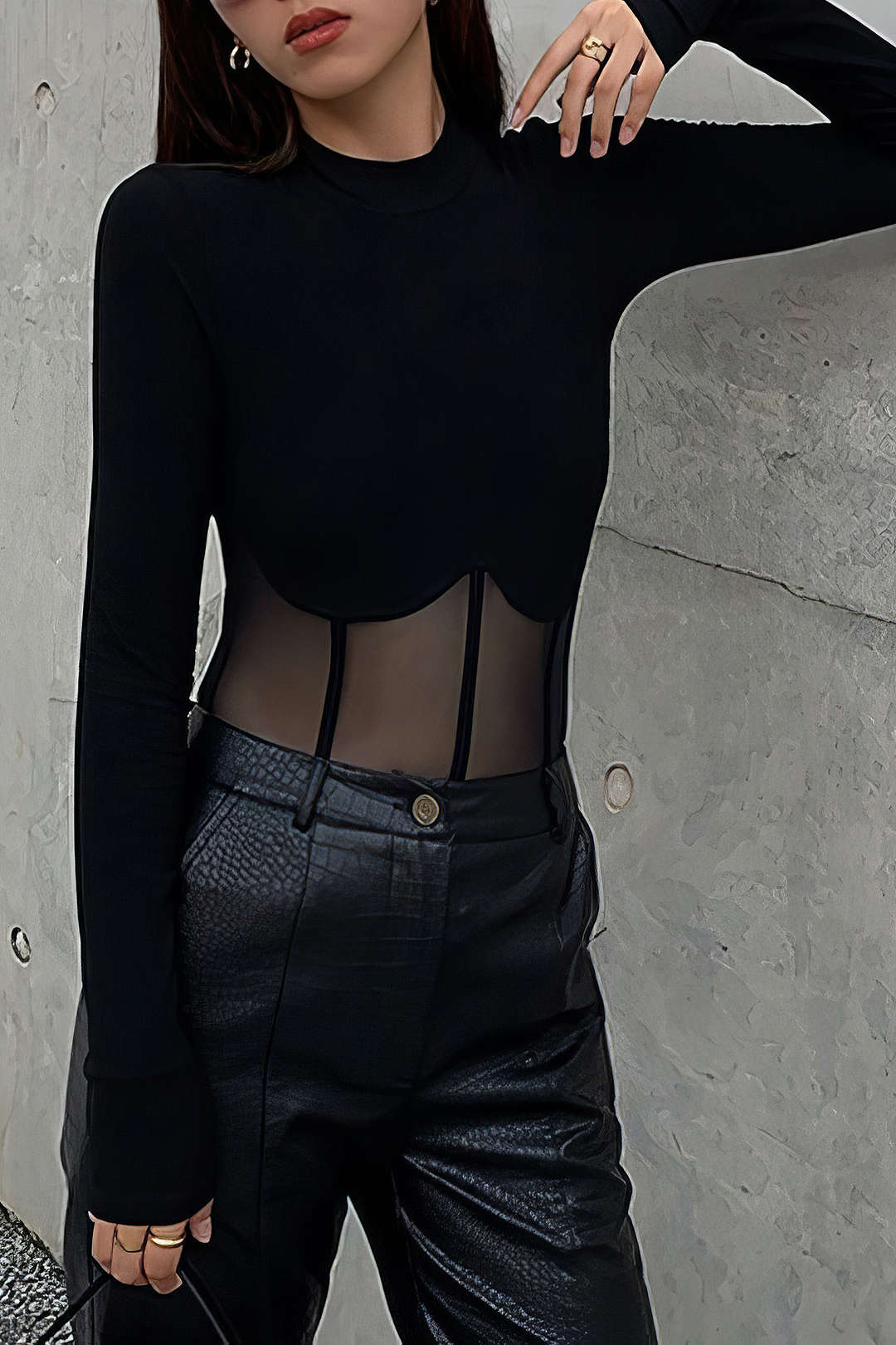 Mesh patchwork top met ronde hals en lange mouwen