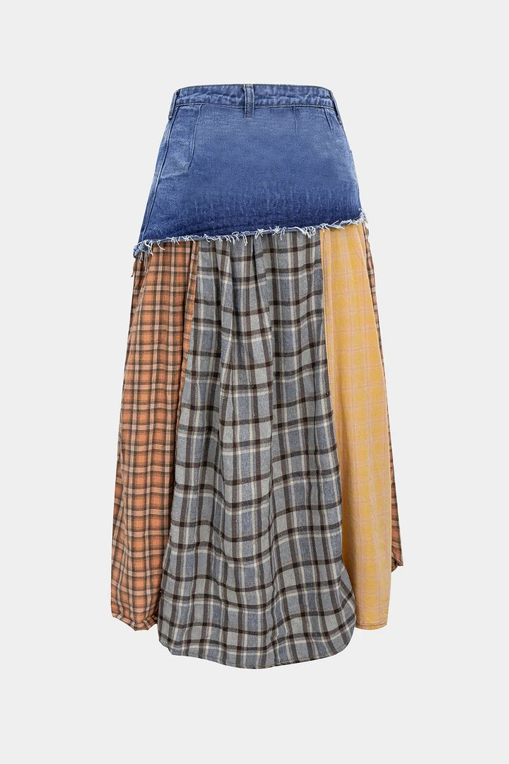 Asymmetrical denim skirt with color blocks and plaid print