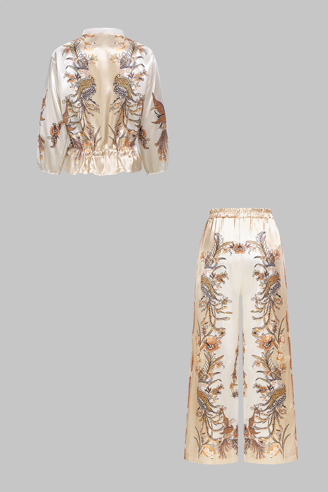 Bloemenprint satijnen blouse met trekkoord en lange mouwen
