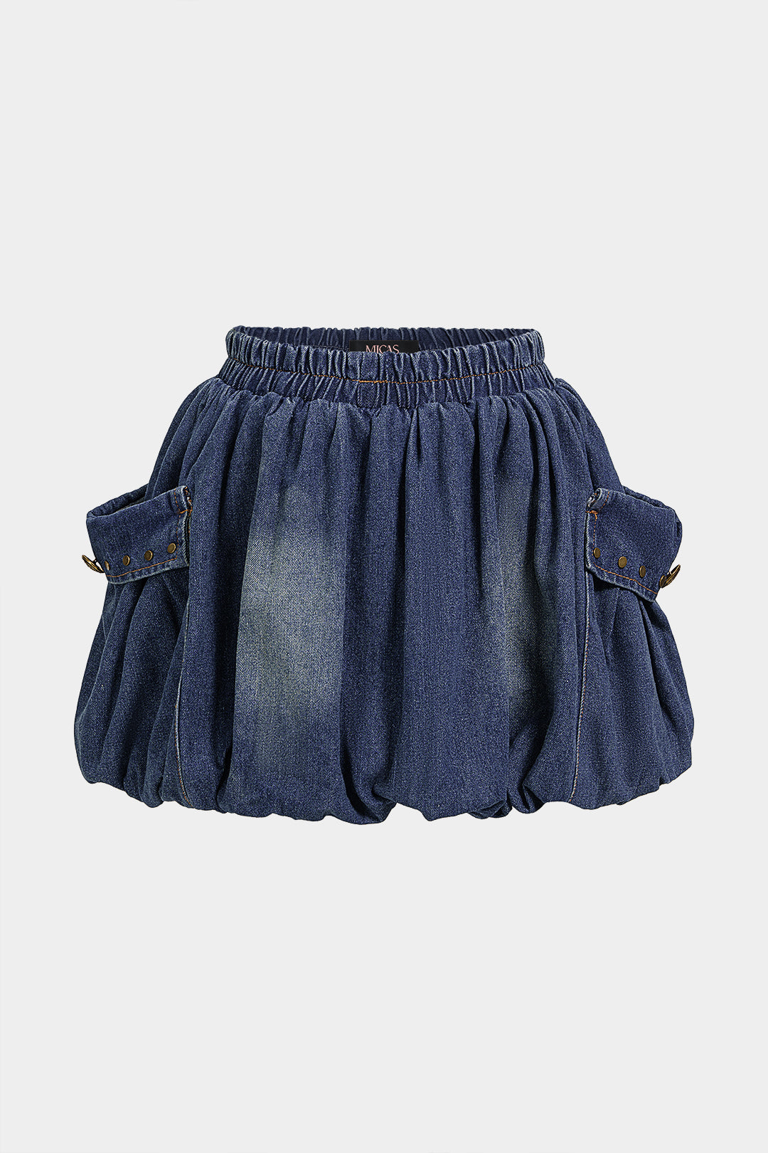 Denim minirok met smokwerk, ruches en zakken