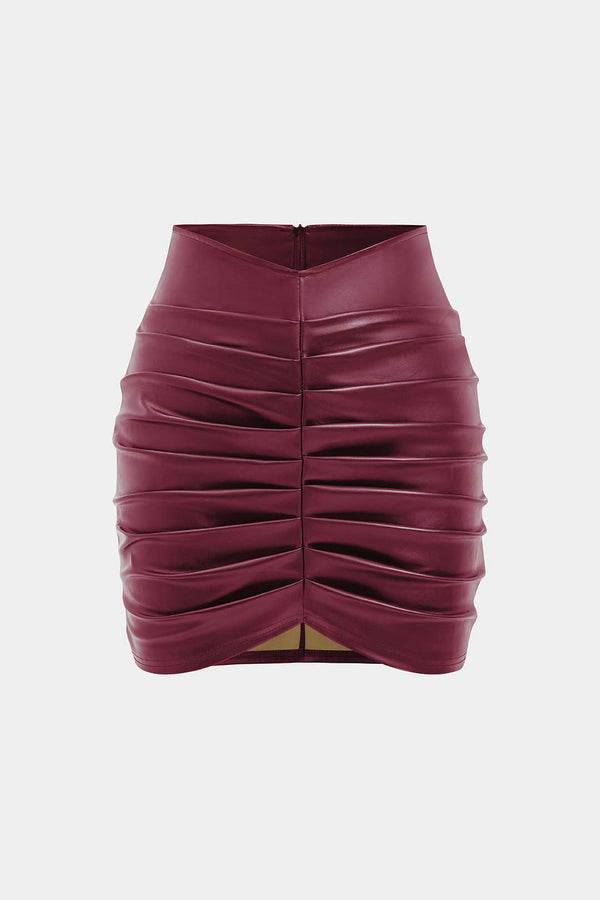 Paula - Effen leren-look rok met ruches