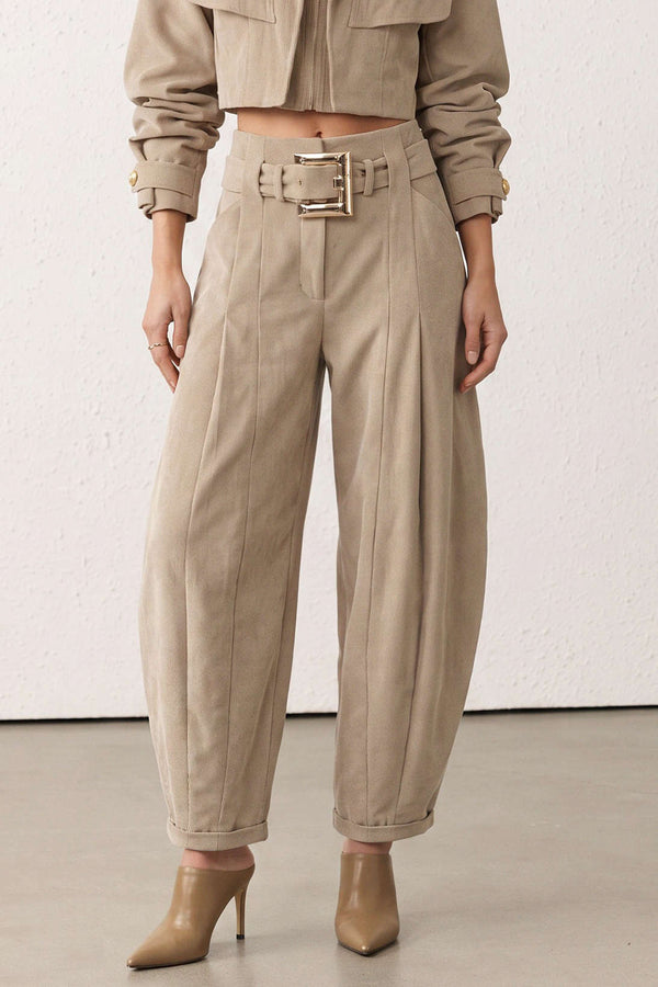 Ribfluwelen metallic broek met riem