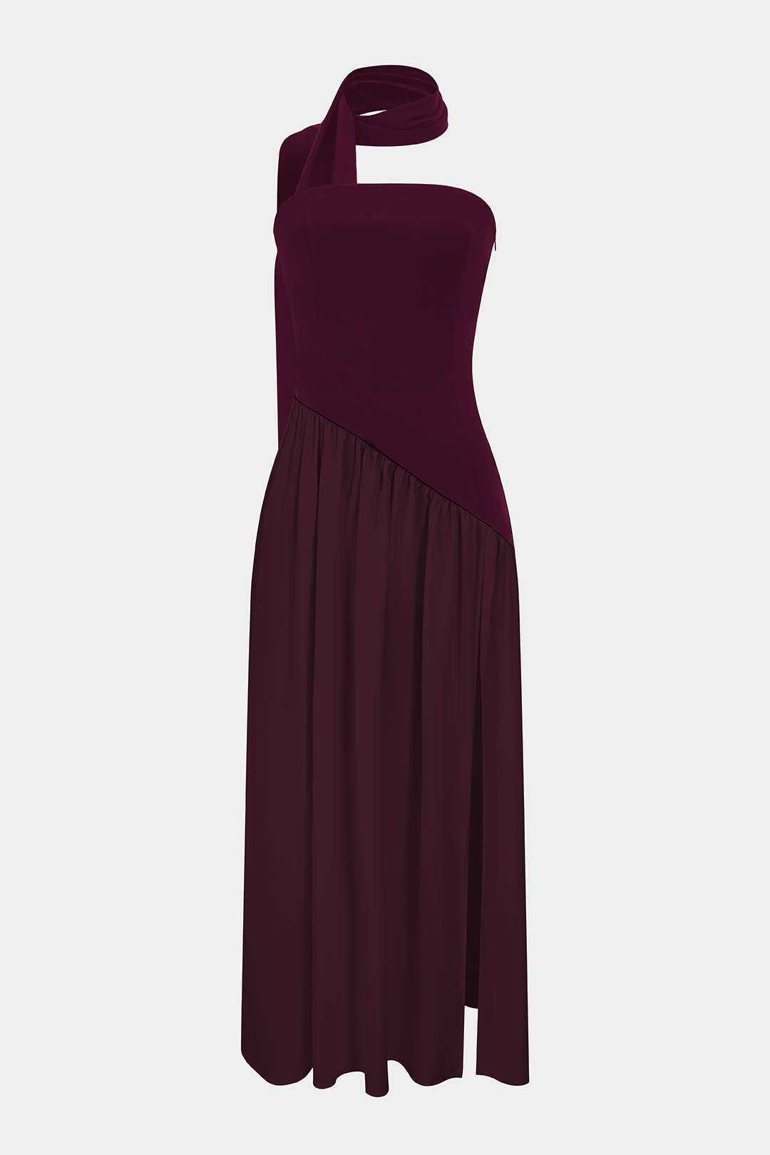 Satijnen maxijurk met ruches, split en strapless pasvorm