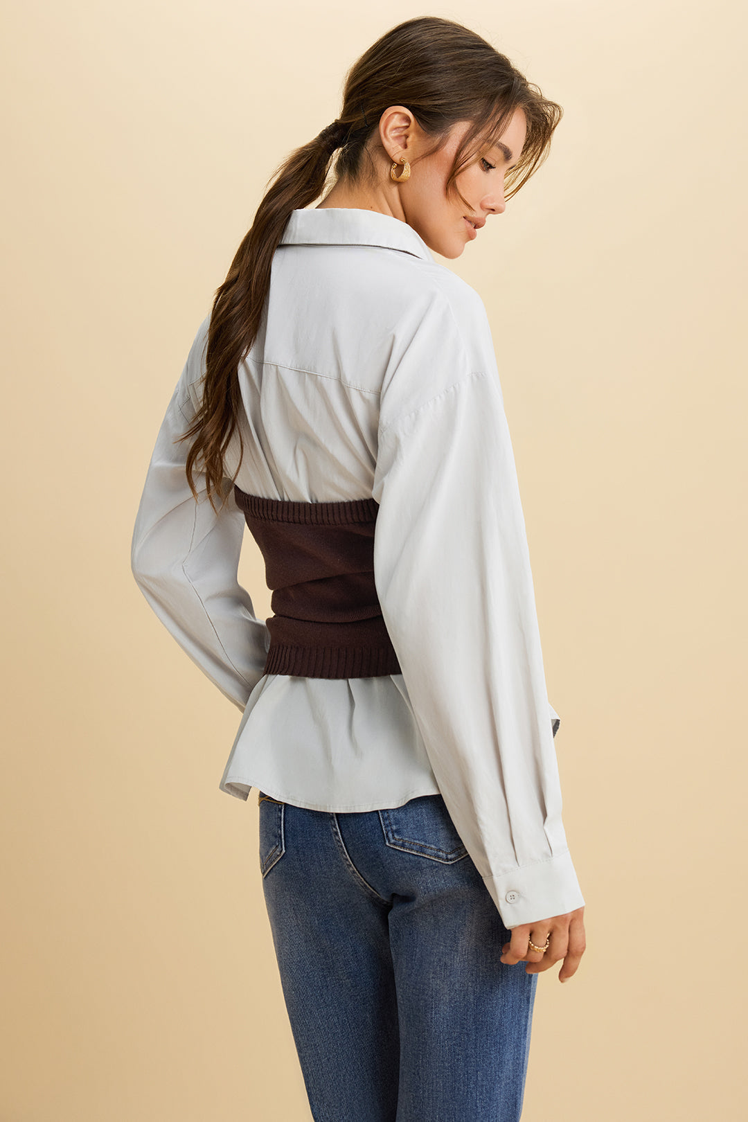 Effen patchwork blouse met strik voor en lange mouwen
