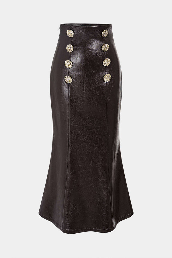 Leren-look rok met hoge taille, knoopjes en rits