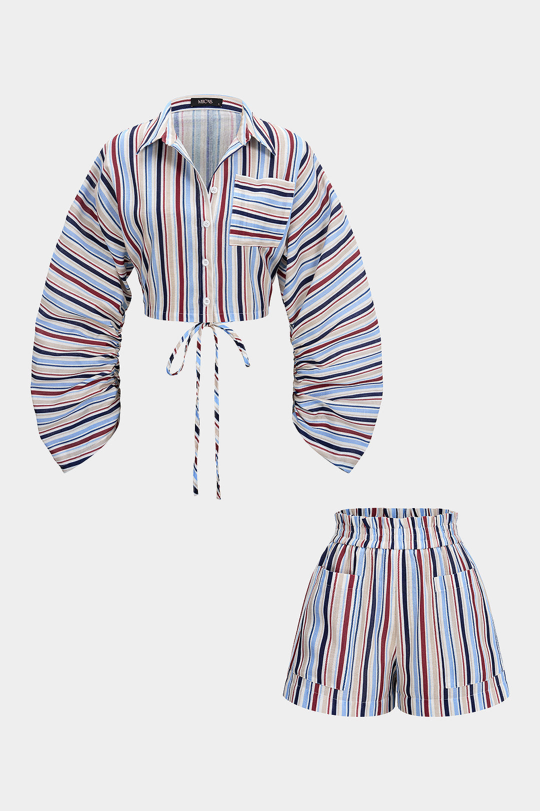 Gestreepte top met revers, strik en knoopjes
