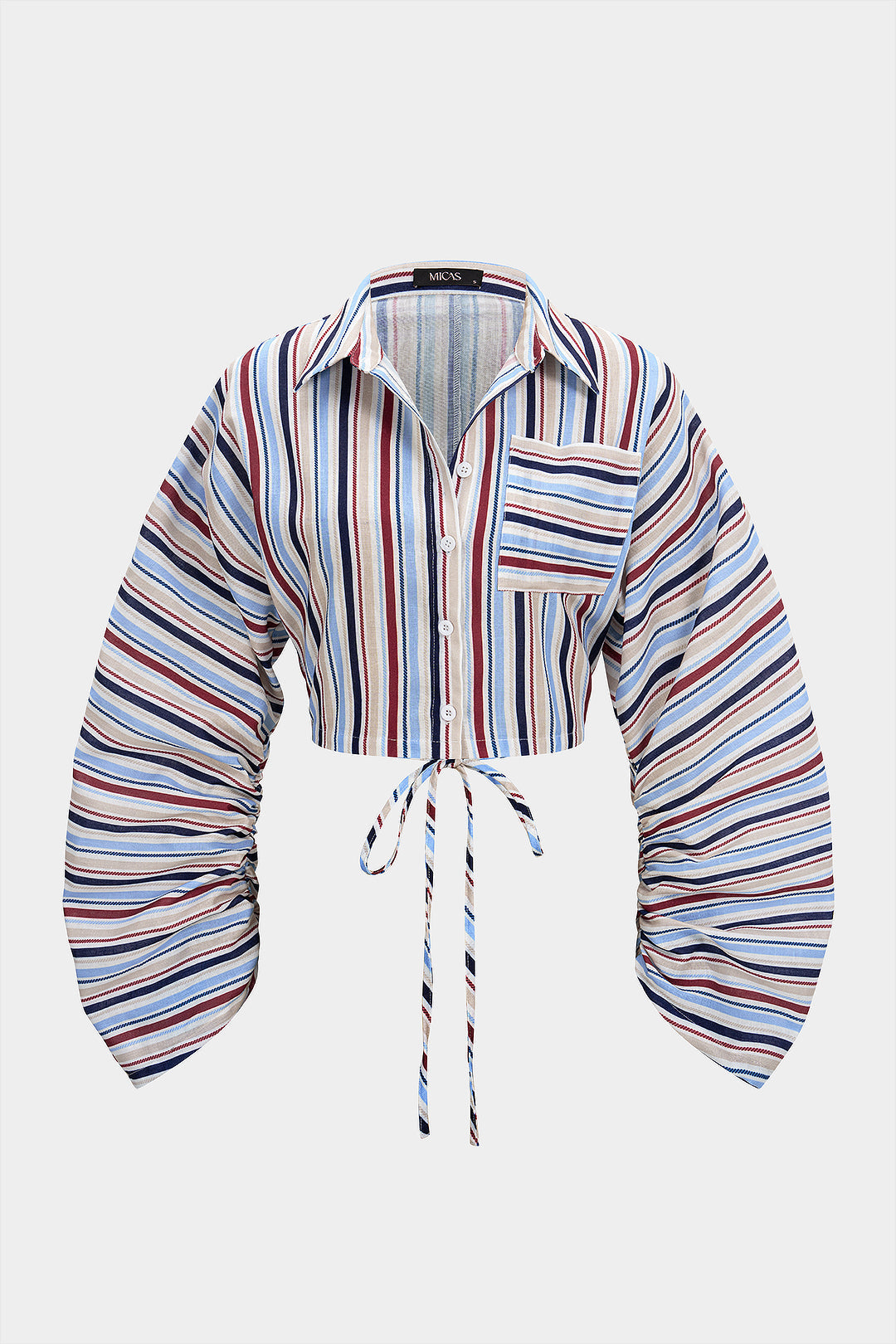 Gestreepte top met revers, strik en knoopjes