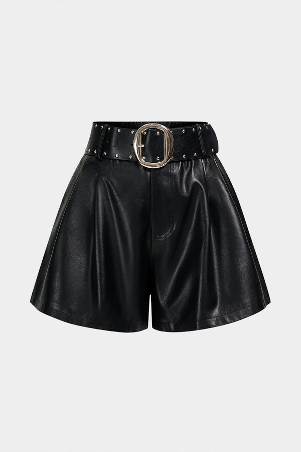 Leren-look short met riem, hoge taille en wijde pijpen