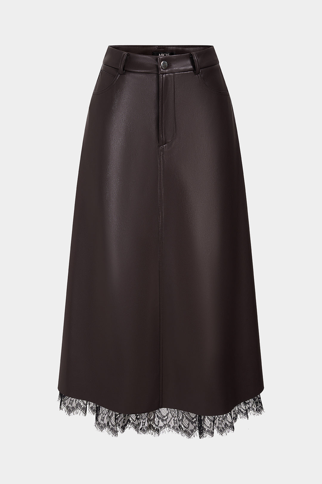 Leren-look patchwork midirok met kanten rand