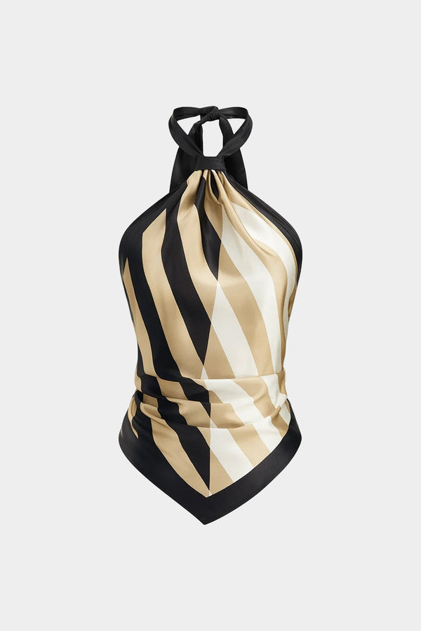 Gestreepte satijnen tanktop met halternek en open rug