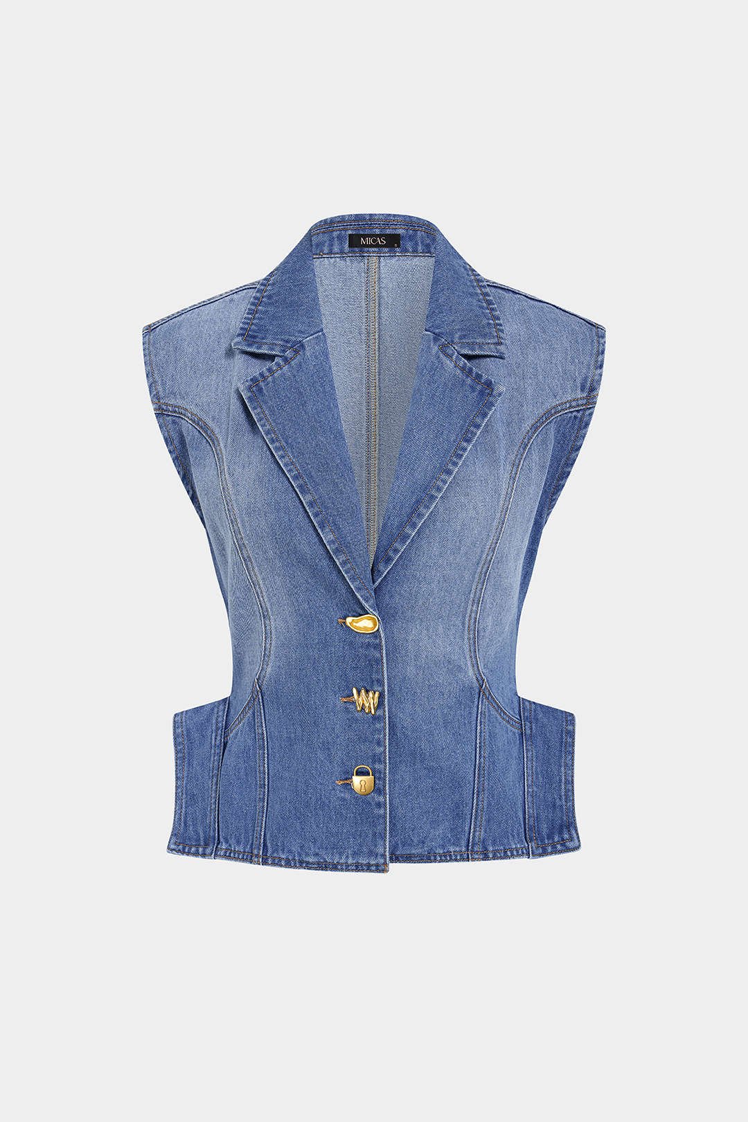 Denim metallic gilet met reverskraag en knoopjes