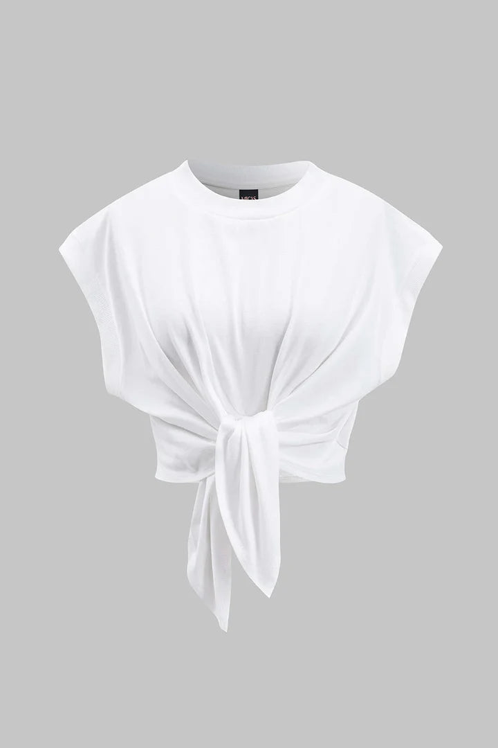 Plain T-shirt with pleats and a bow on the front