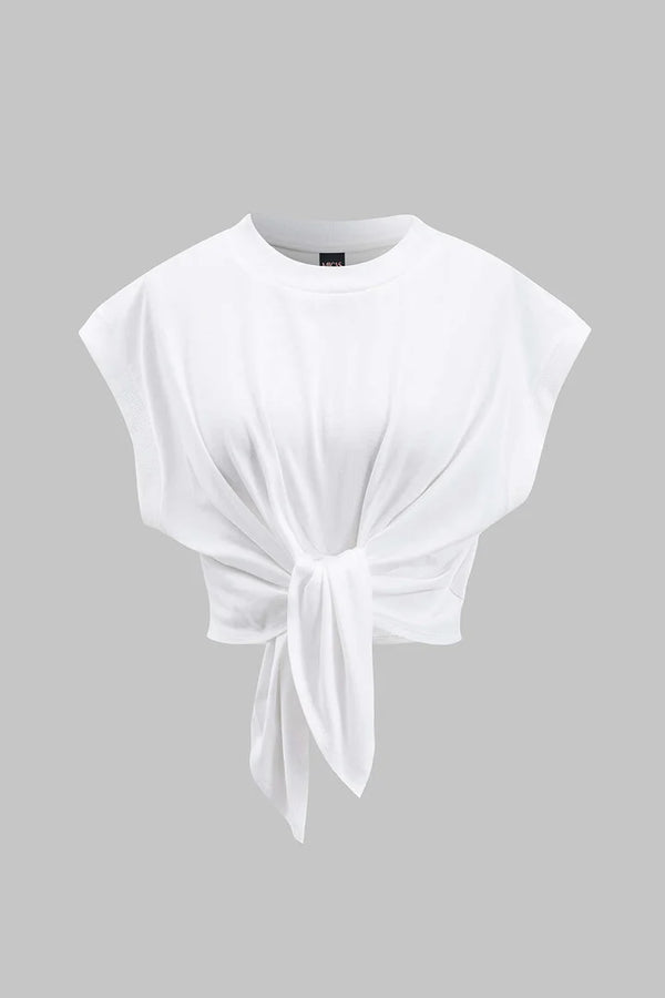 Plain T-shirt with pleats and a bow on the front