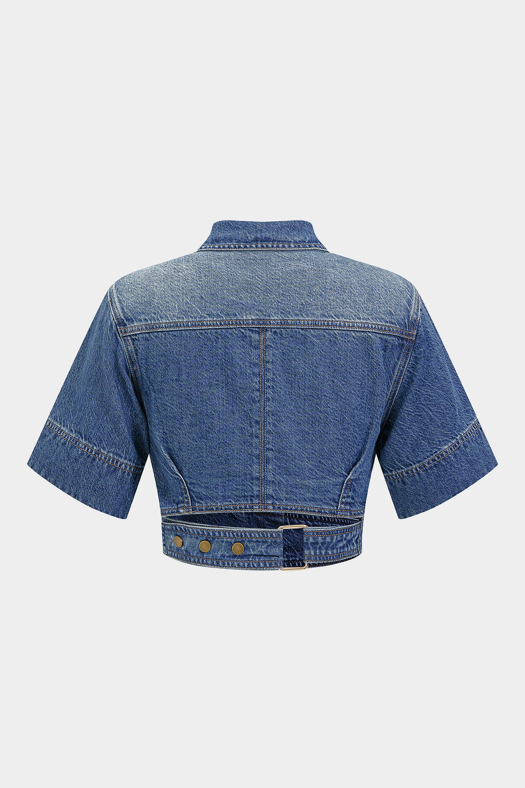 Denim cropped blouse met revers, knoopjes en korte mouwen