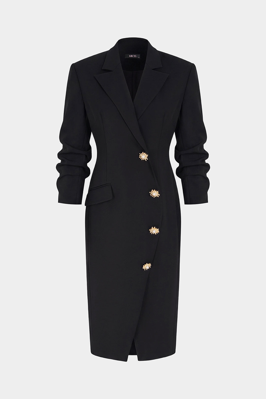 Asymmetrische midi-jurk met metalen details en lange mouwen