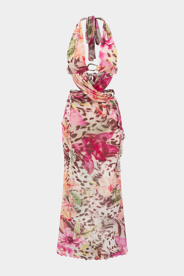 Bloemenprint mesh maxijurk met halternek en open rug