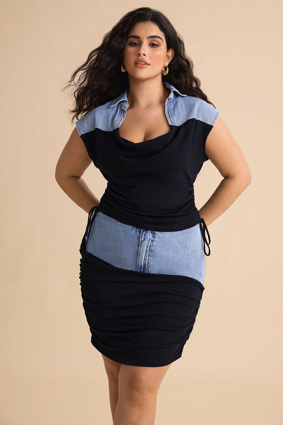 Daphne - Denim patchwork croptop met trekkoord