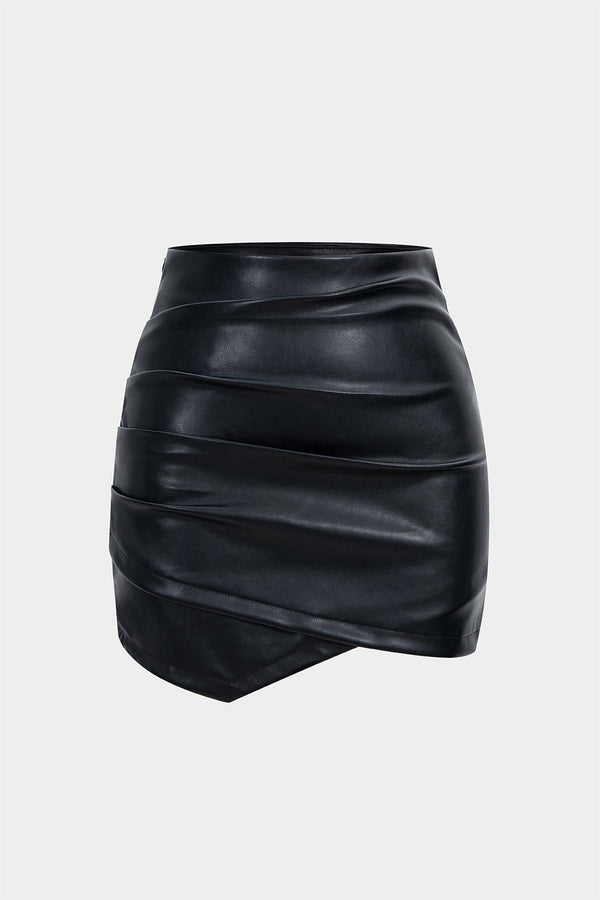 Asymmetrische leren-look minirok met ruches
