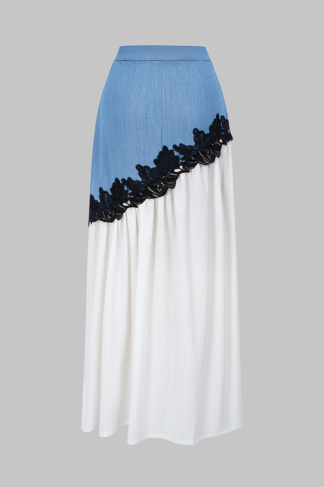 Denim patchwork rok met kanten rand