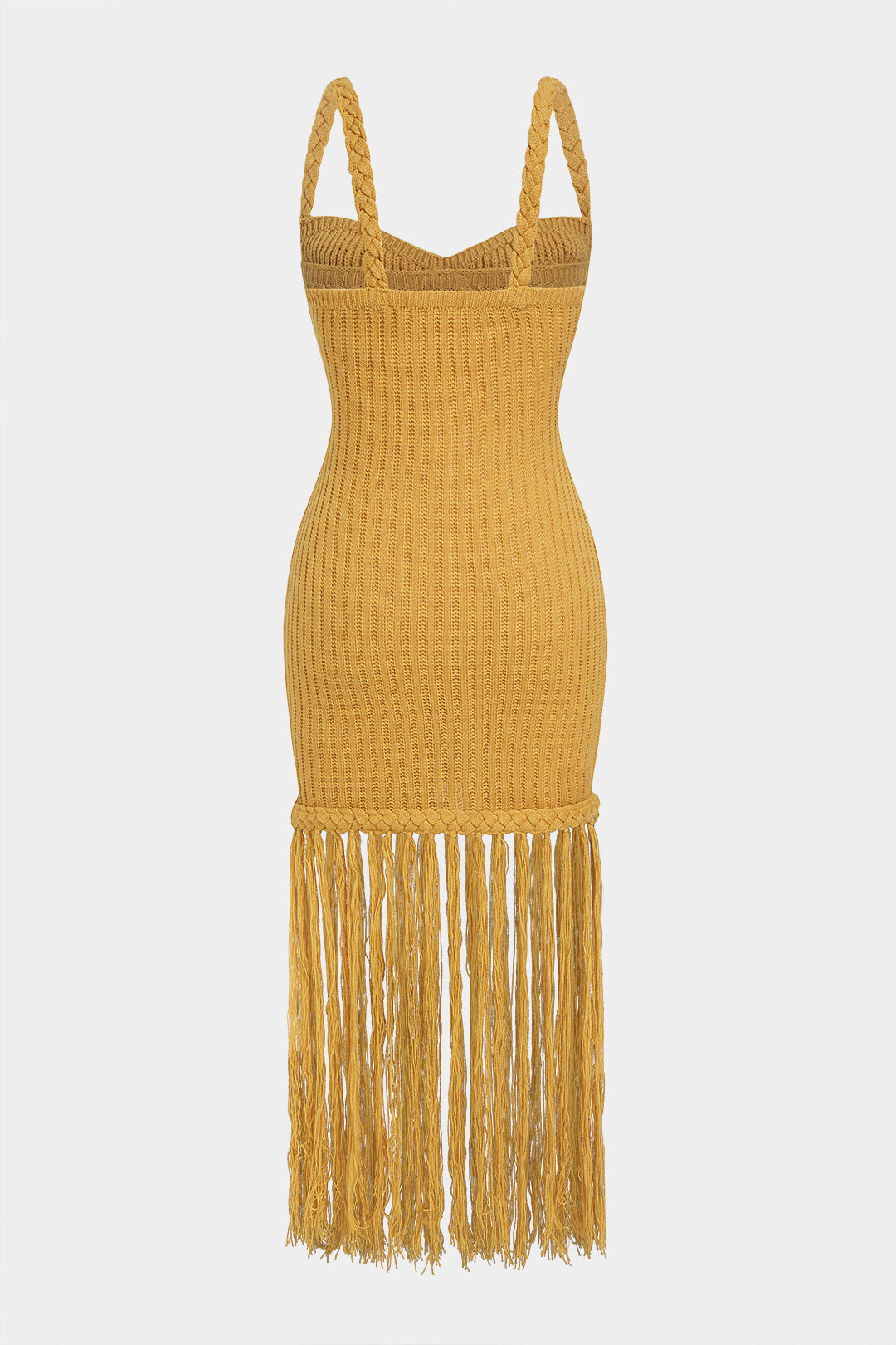 Gebreide mouwloze midijurk met franjes en spaghettibandjes