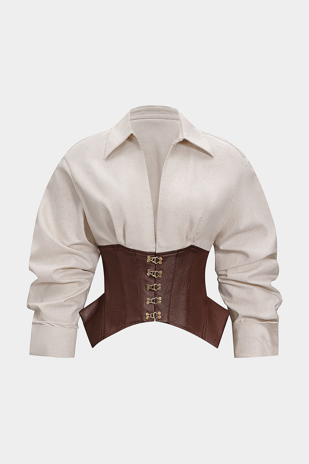 Linnen patchwork blouse met gesp en lange mouwen