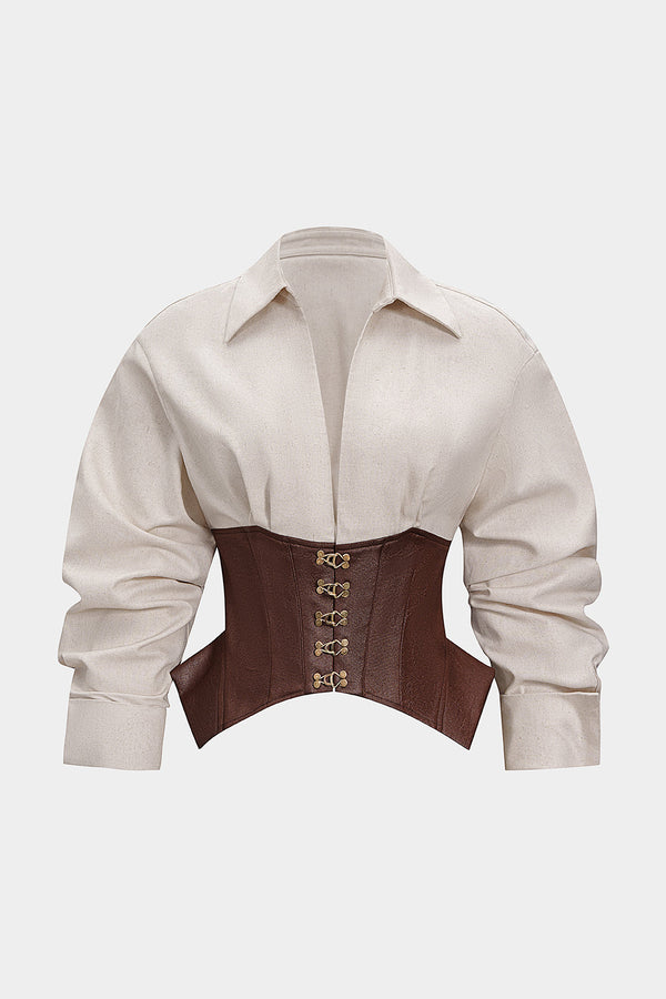 Linnen patchwork blouse met gesp en lange mouwen