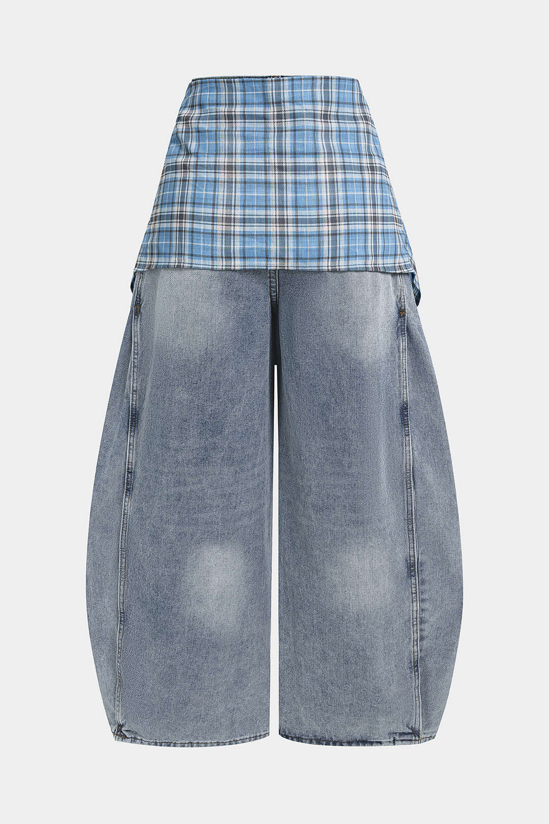 Geruite jeans met strik, zakken en hoge taille
