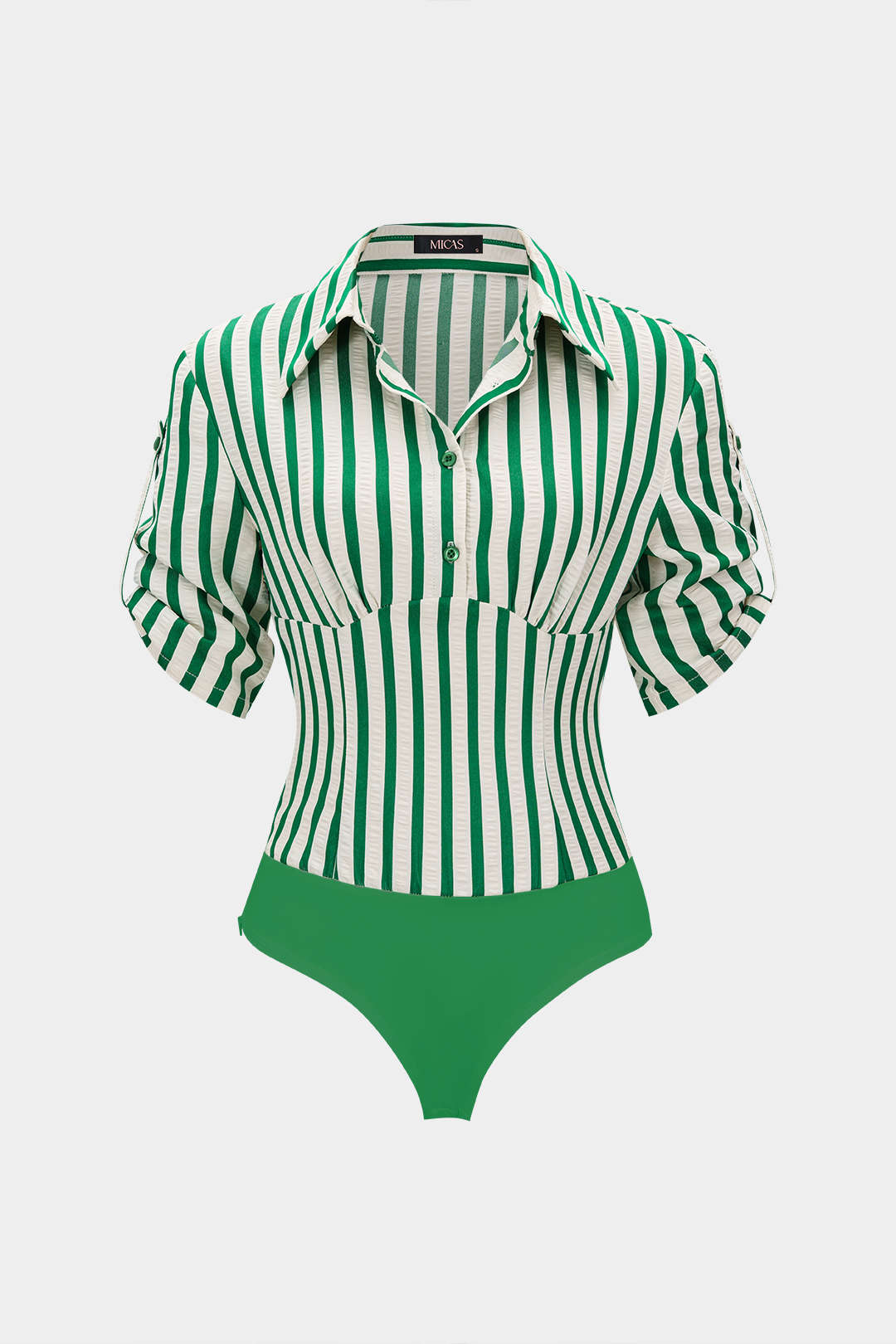 Gestreepte patchwork body met knoopjes, ruches en V-hals