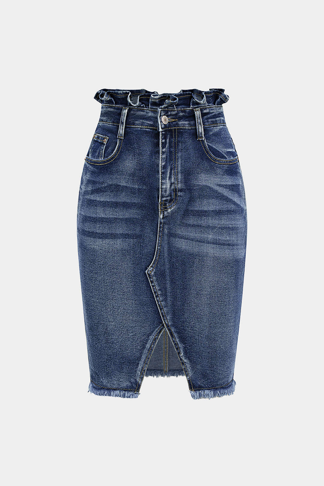 Denim asymmetrische rok met volants en rafelrand