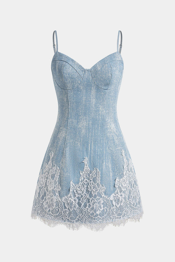Denim patchwork minijurk met kanten rand en rits