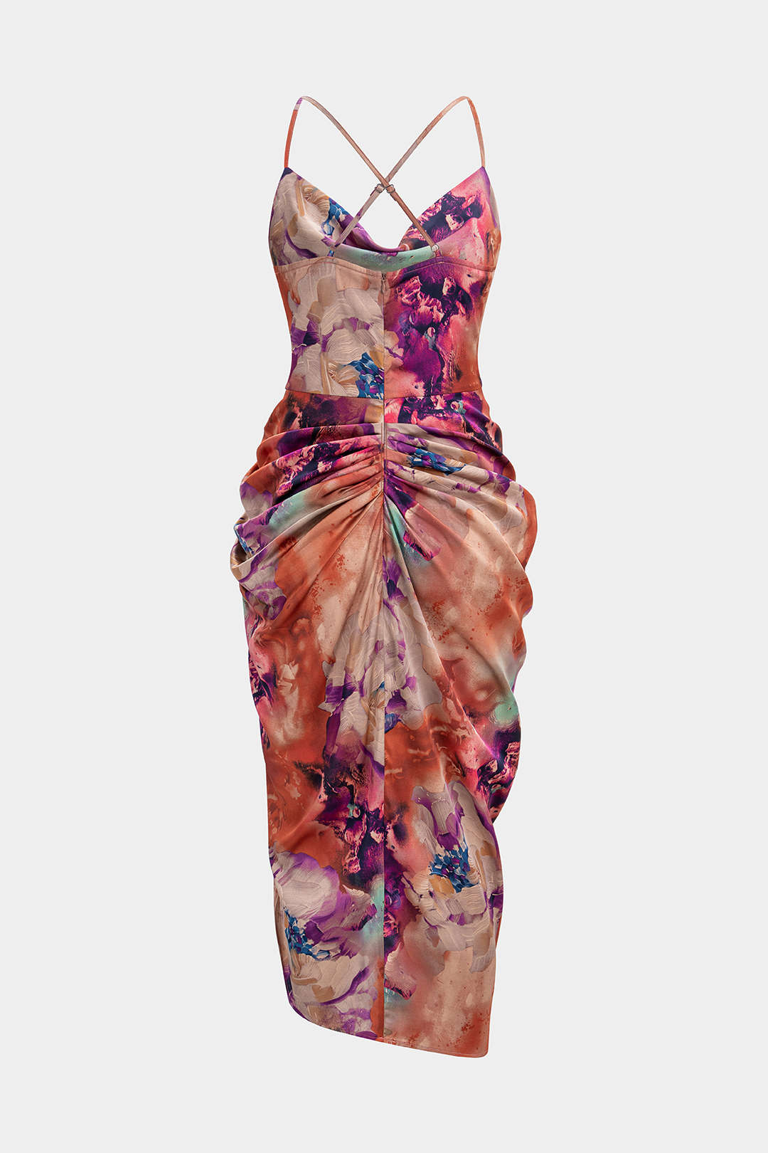 Elise - Bloemenprint satijnen midijurk met drapering en watervalhals