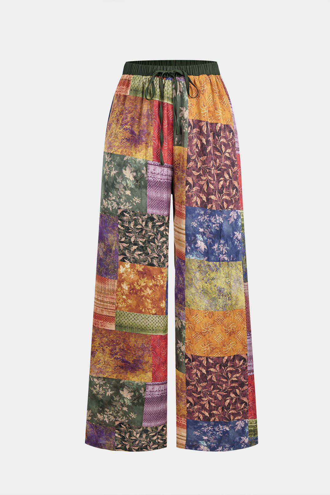 Paula - Abstracte print satijnen broek met smokwerk en wijde pijpen
