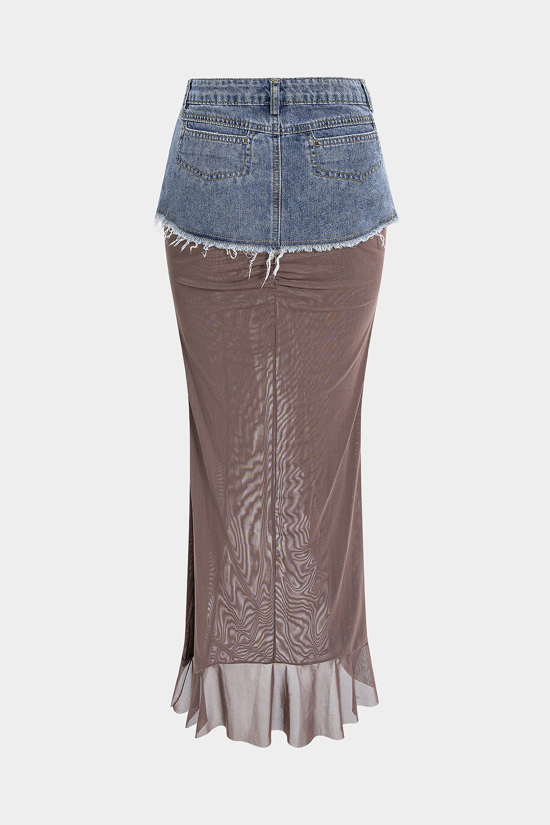 Denim mesh rok met rafelrand, ruches en volants
