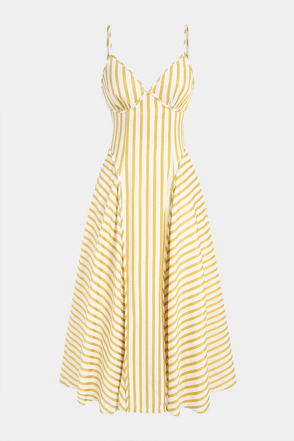 Gestreepte mouwloze midijurk met V-hals en spaghettibandjes