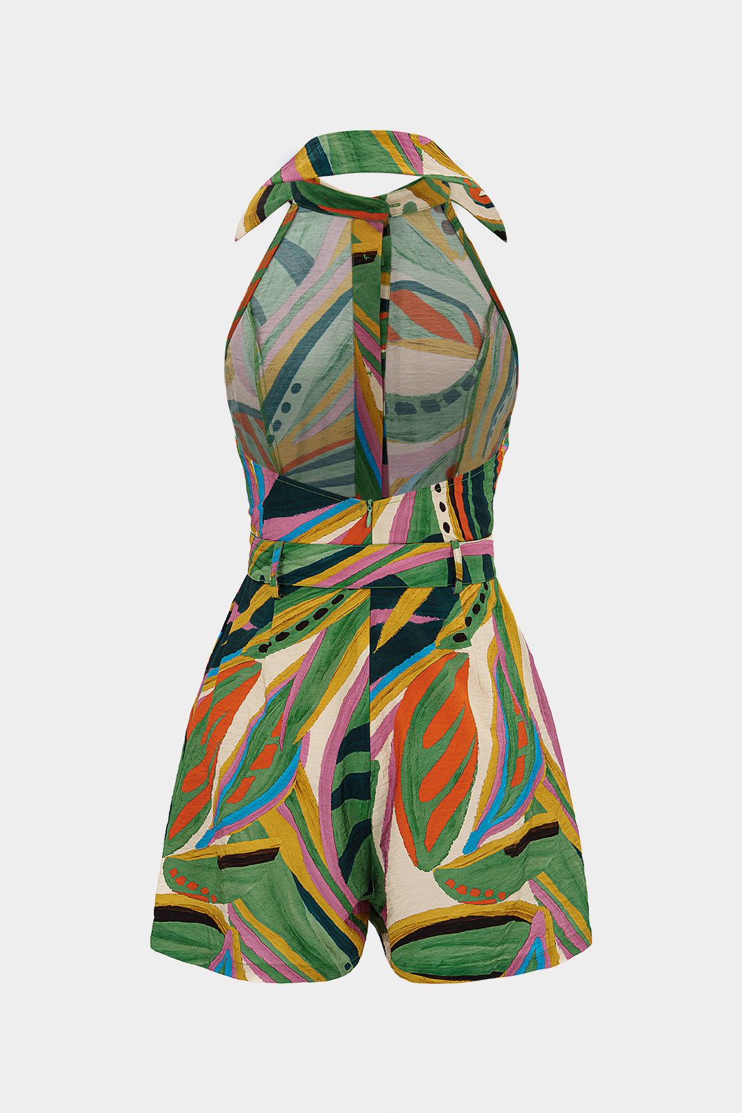 Mouwloze playsuit met knoopjes, halternek en ruches