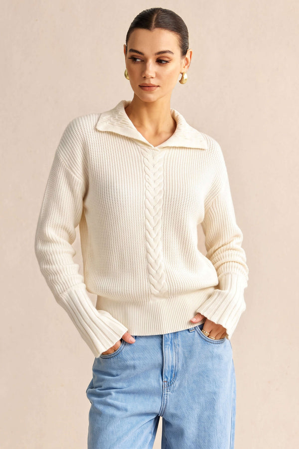 Gebreide effen top met revers en lange mouwen