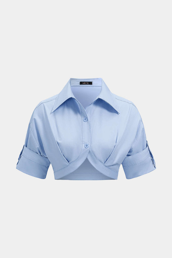 Effen cropped blouse met revers en korte mouwen