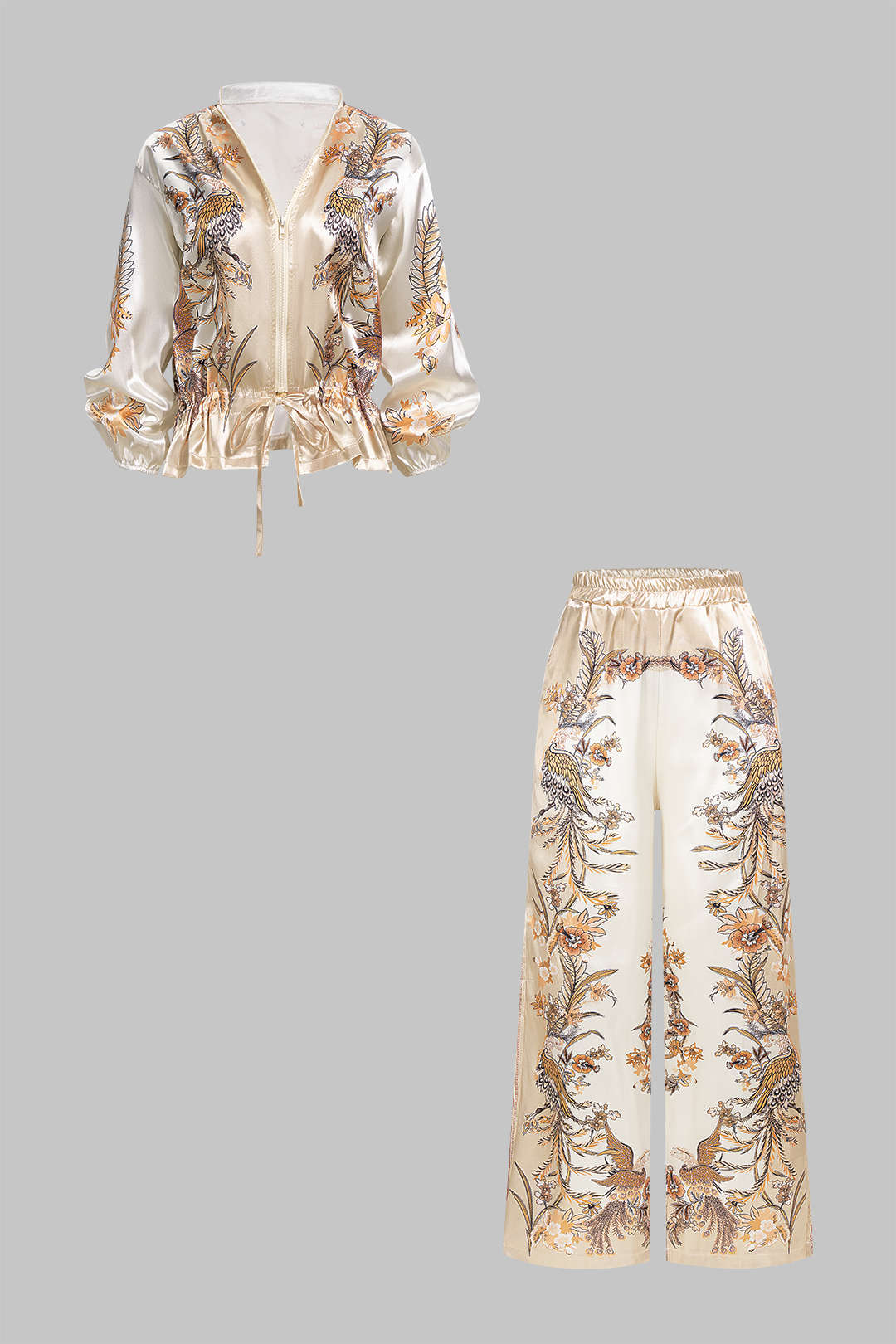 Bloemenprint satijnen blouse met trekkoord en lange mouwen