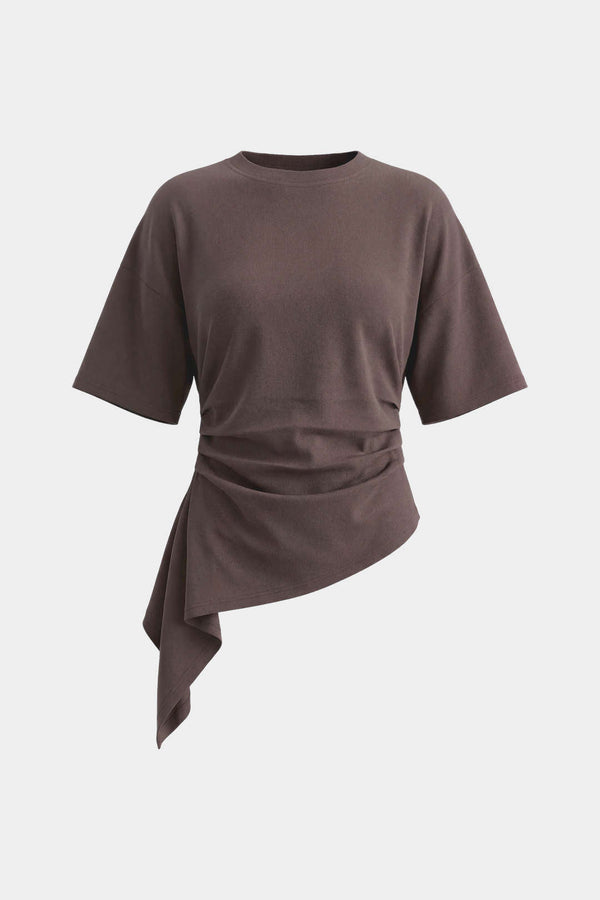 Asymmetrisch T-shirt met ronde hals, ruches en korte mouwen